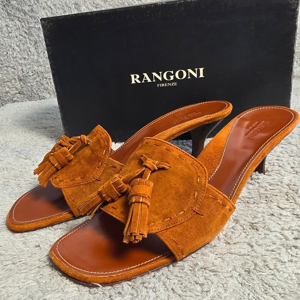 Rangoni Firenze Mahogany Italian Suede Leather Tassel Heel Slides Sandal 9.5 NEW